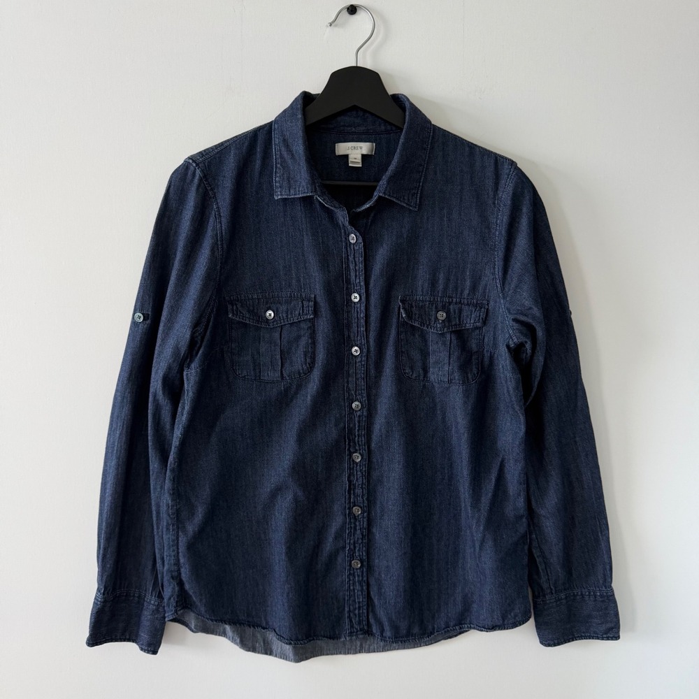 J.Crew Womens Dark Wash Denim Button Down Roll Tab Sleeve Shirt Size 10